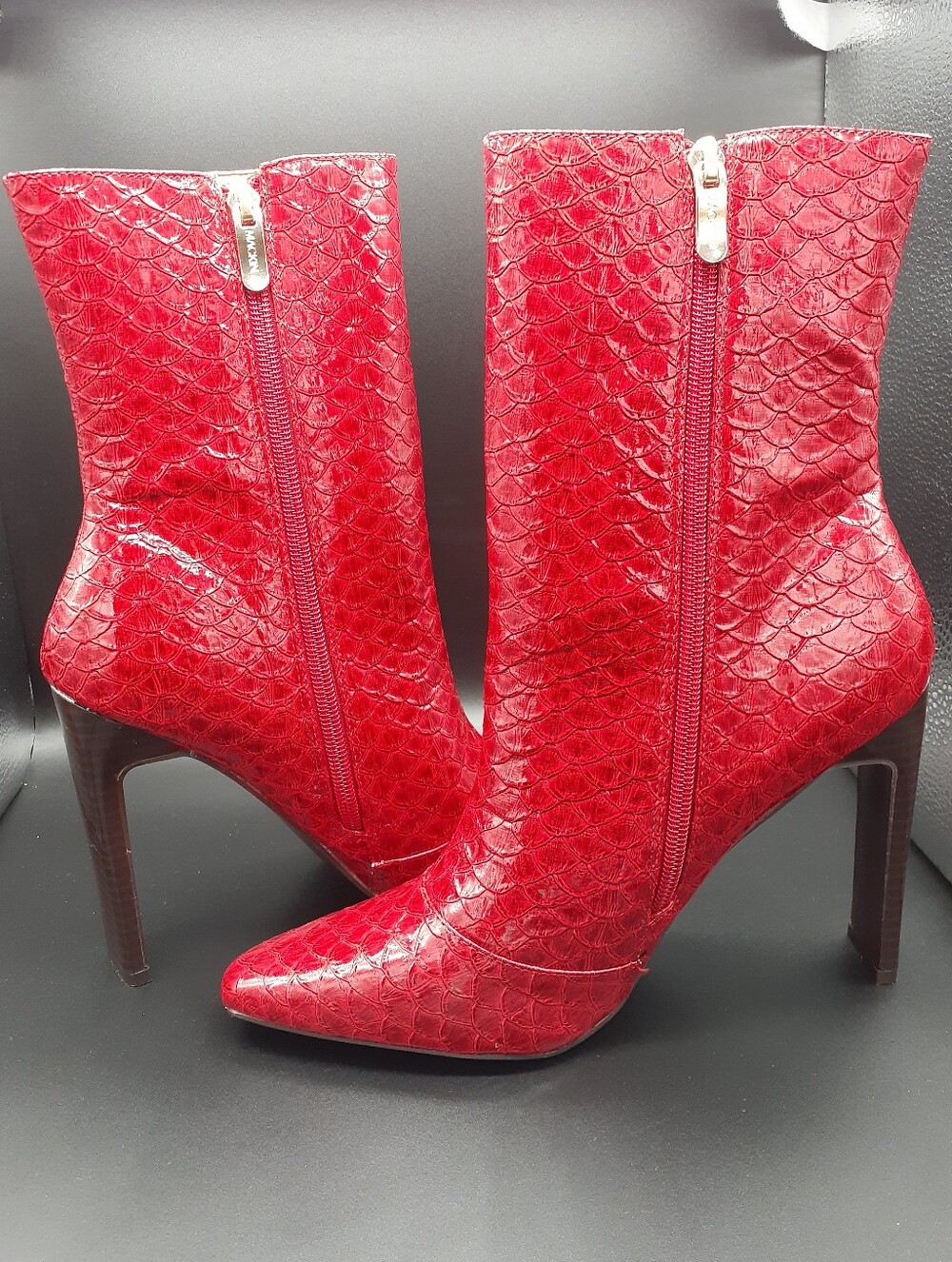 Red Patent Fish Scale Square Toe Plank Heel Stiletto Mid Calf Boot 8 NWOT